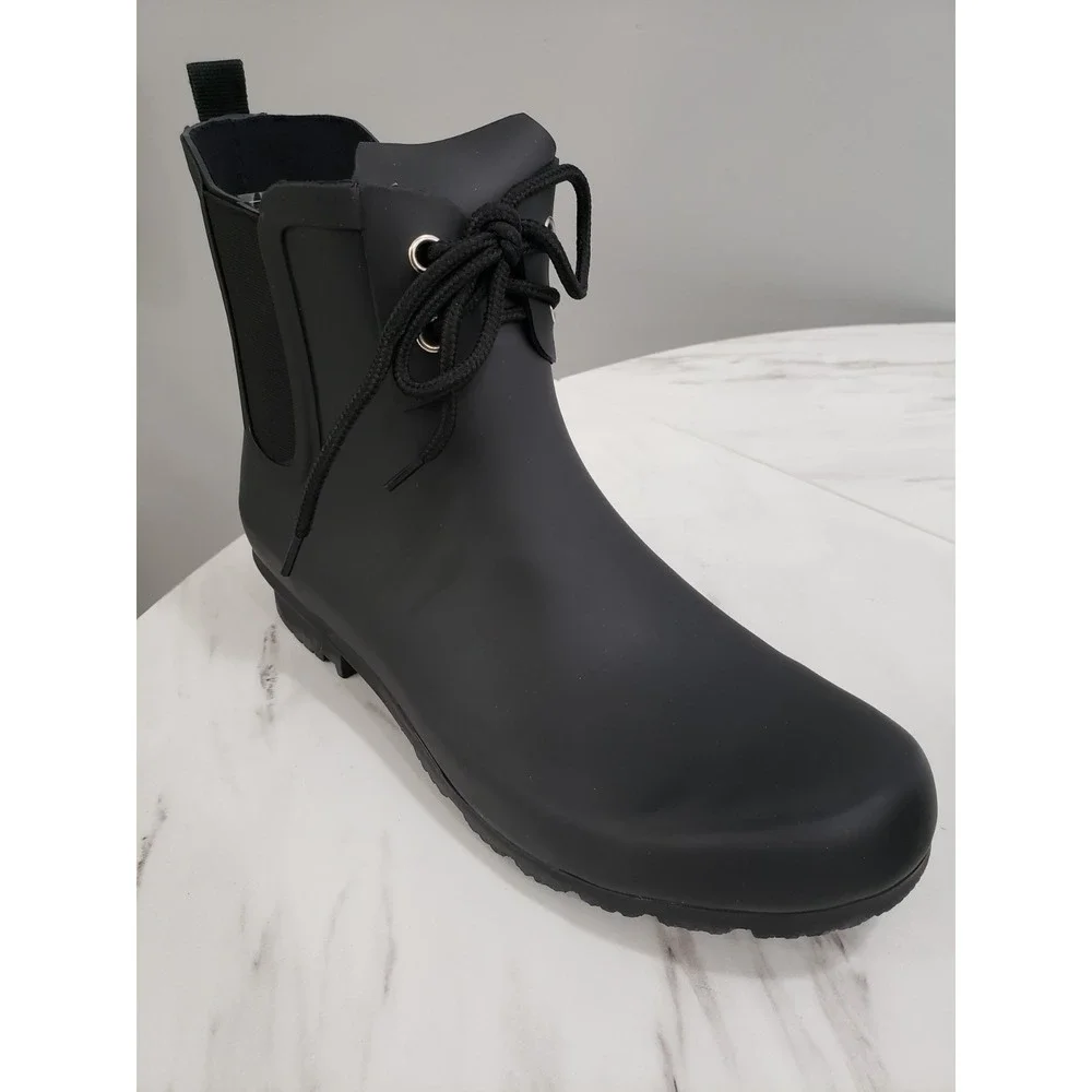 NEW SIZE 10 Ladies Roma Chelsea Lace‎ Up Matte Black Rain Boots Womens Slip On